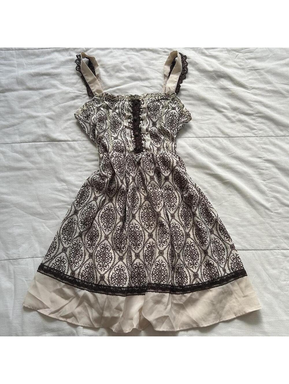 Axes Femme Damask Lace Trim Ruffle Dress Cream Brown Medium Japan